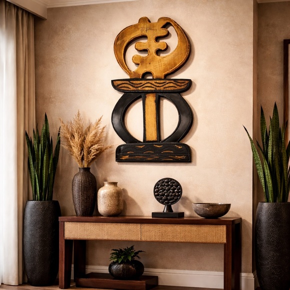 African Wall Hanging 18” Wood Rustic Gye Nyame Adinkra Symbol Primitive Ethnic